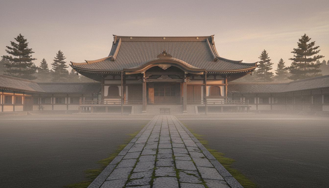 寺院の本堂と石畳の参道、朝霧がかかる静かな風景｜A temple main hall and stone-paved approach path in quiet morning mist