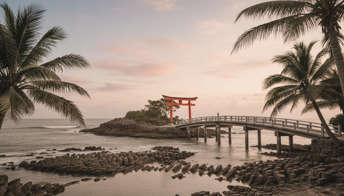青島神社の海上鳥居と橋、朝の海岸線｜Aoshima Shrine ocean torii gate and bridge at dawn along the coastline