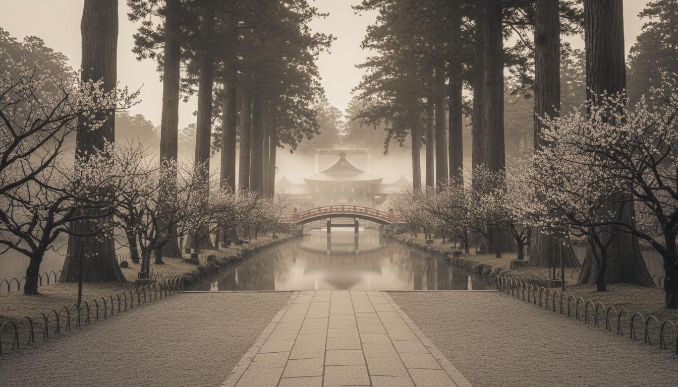太宰府天満宮の参道、梅の木々が並ぶ朝の風景｜Dazaifu Tenmangu approach path with plum trees in the morning