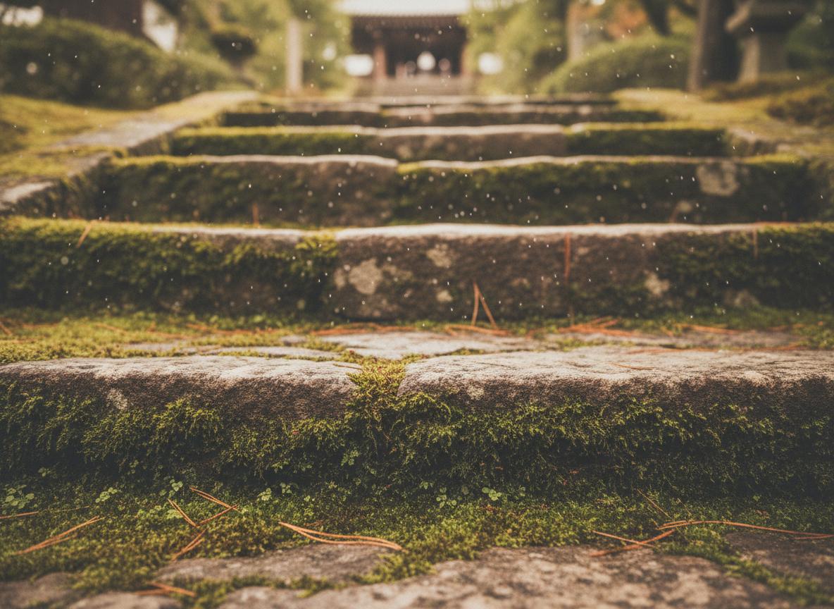苔に覆われた古い石段の接写｜Close-up of moss-covered ancient stone steps